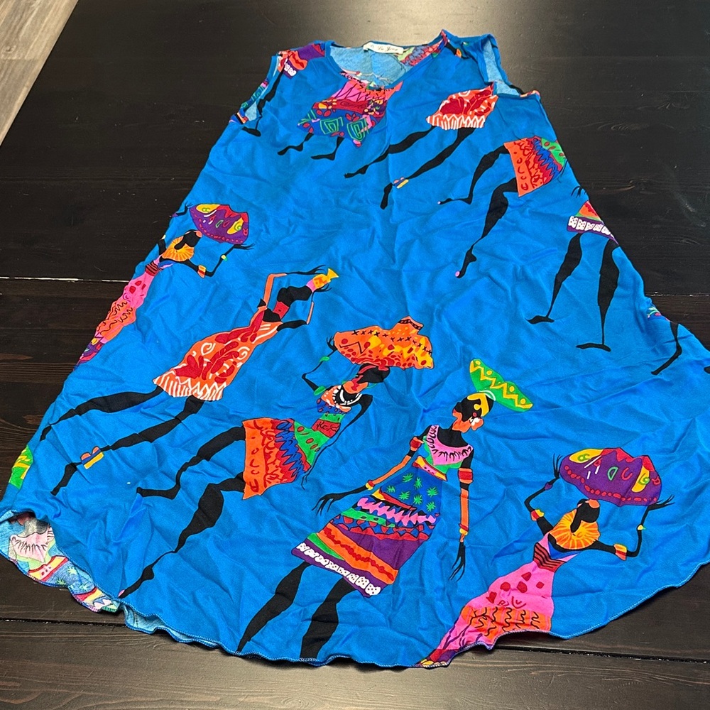Vibrant Blue Midi Dress with Colorful Patterns